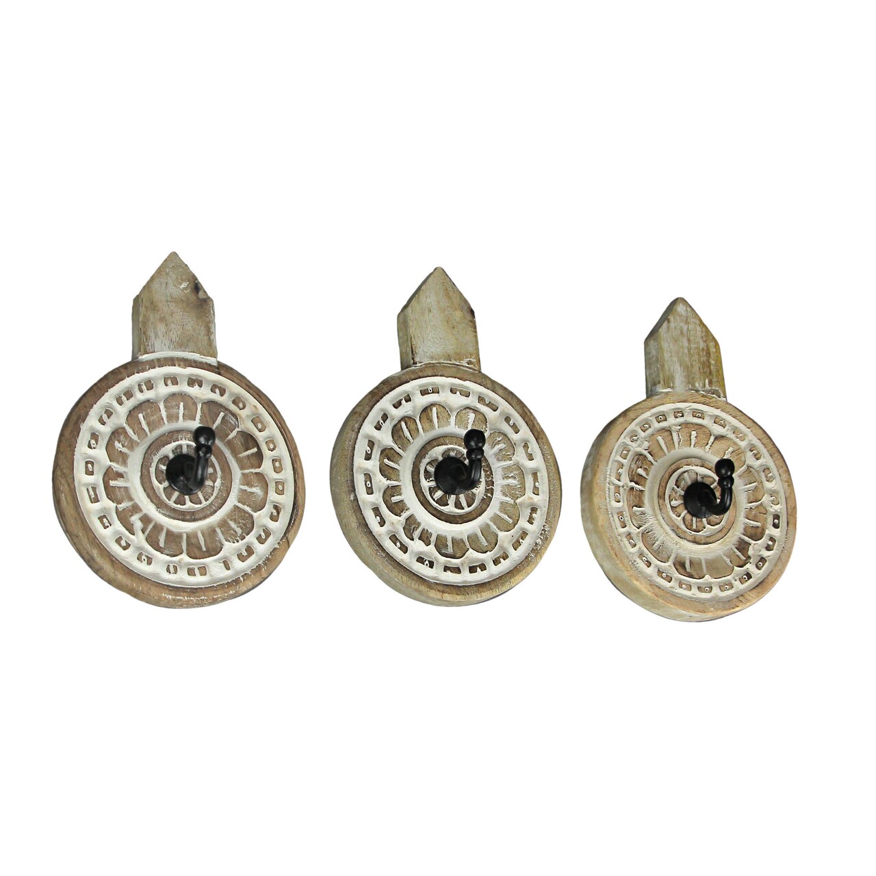 Set of 3 Hand Carved Wooden Wall Hooks Decorative Floral Coat Towel Hanging Art